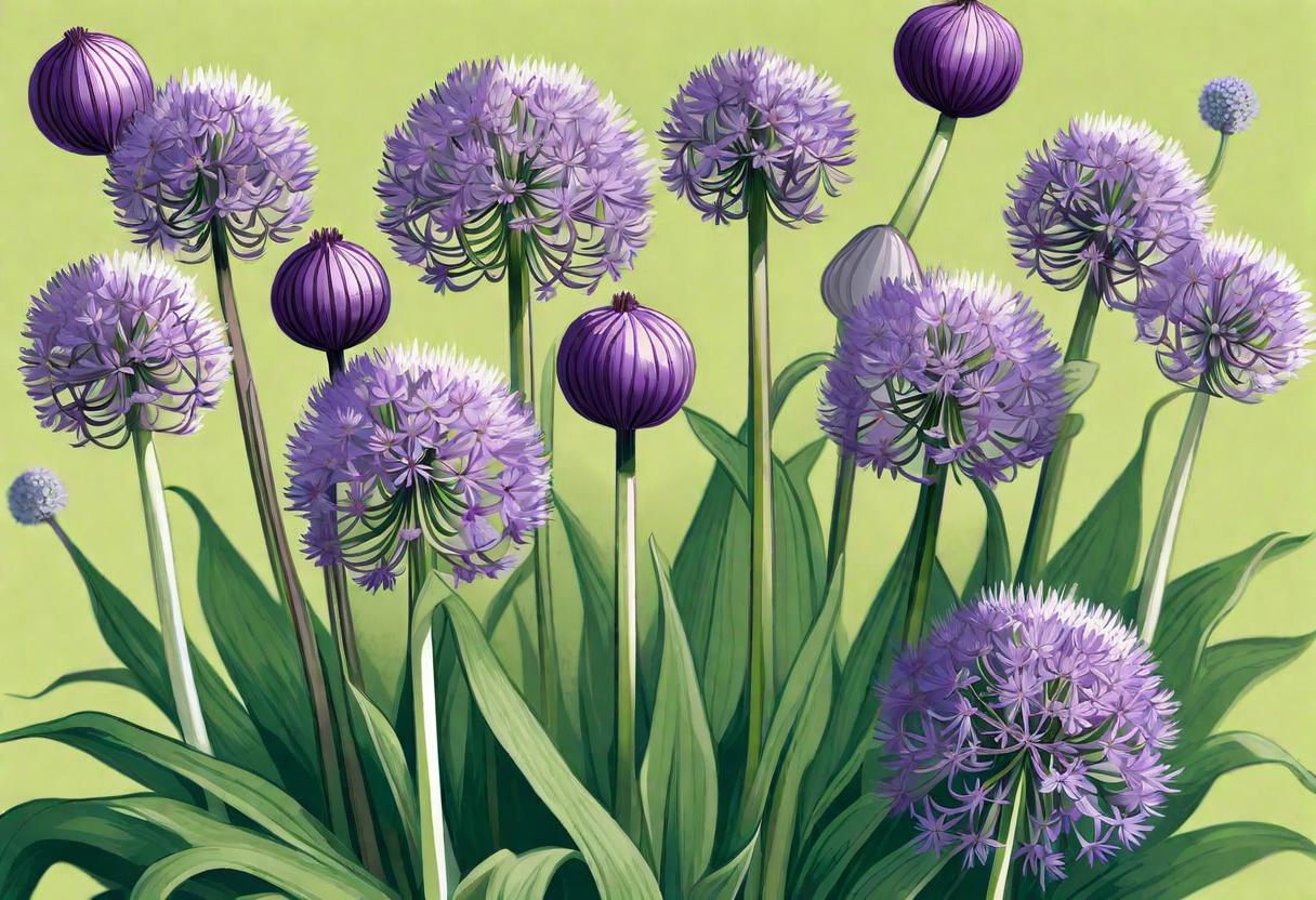 Detailed illustration showcasing the key characteristics of the Summer Beauty Allium plant, including its globe-shaped purple flowers, compact size, slender green foliage, and summer bloom time