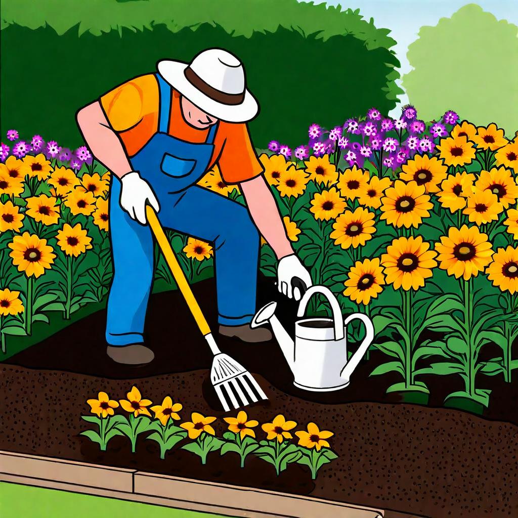 Gardener planting and caring for Rudbeckia Cappuccino plants, preparing soil, watering, fertilizing, spacing in a sunny garden