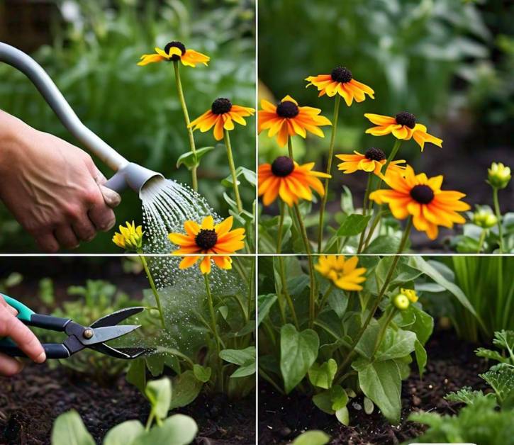 Care and maintenance of Rudbeckia Indian Summer plants, showing watering, deadheading, and tips to keep the plant healthy and growing.