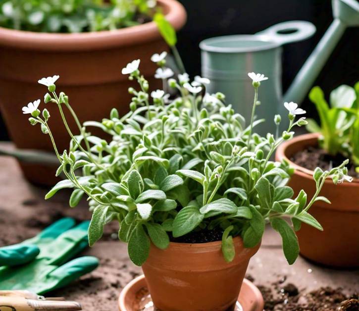 Potted Snow in Summer plant with green leaves and white flowers, illustrating proper care tips, including watering, pruning, and mulching.