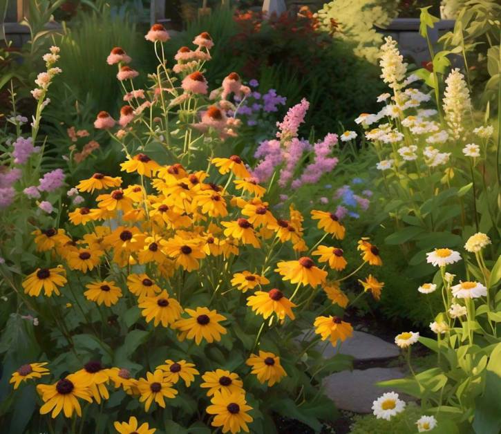 Rudbeckia Indian Summer bright yellow blooms complement cottage garden designs, pairing beautifully with Echinacea and Shasta daisies.