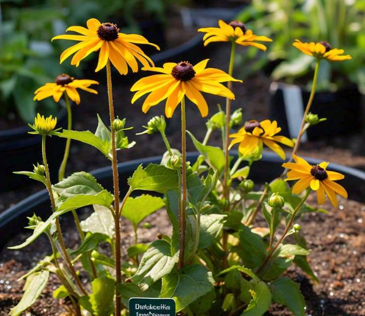 Rudbeckia Indian Summer plants growing in well-draining soil under full sunlight, showing ideal conditions for healthy growth.