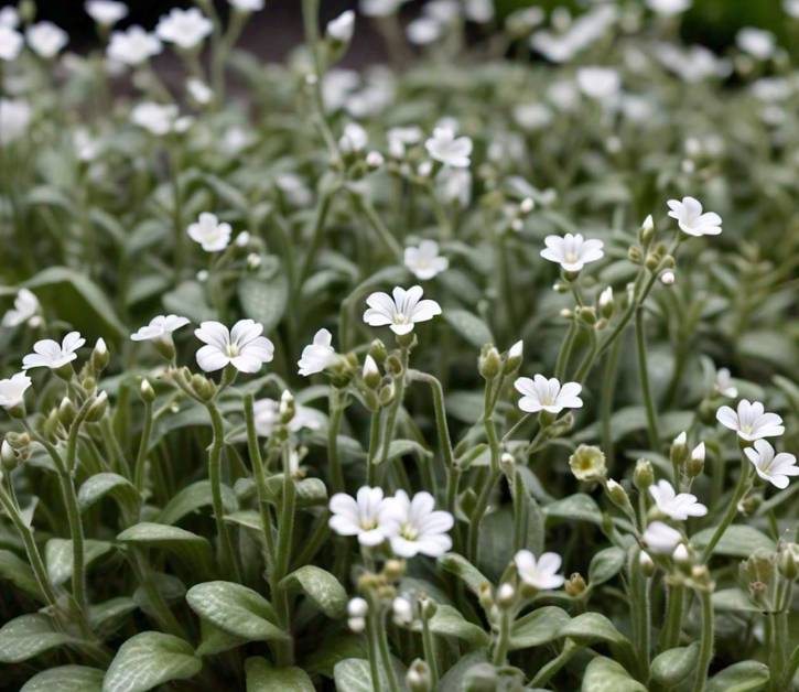 Snow in Summer plant showcasing its low-maintenance silver-gray foliage and white star-shaped flowers, ideal for drought-tolerant gardens.