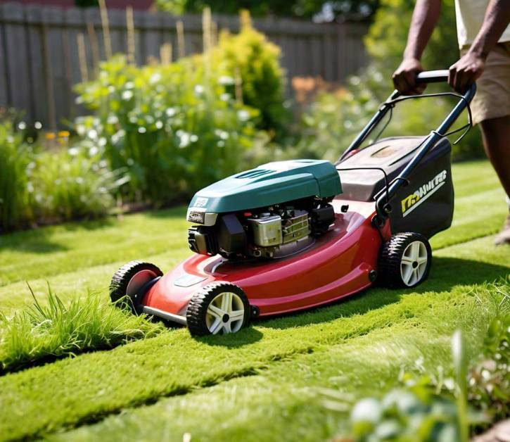 Person mowing a freshly planted summer lawn with a lawnmower, ensuring the grass is at least 3 to 4 inches tall for proper growth.