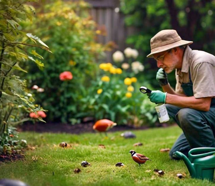 A gardener inspecting the lawn for pests using a magnifying glass and spray, surrounded by plants, birds, and natural pest predators.