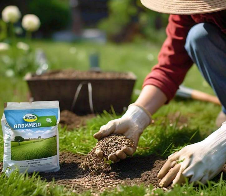 Gardener spreading grass seeds by hand on soil in the garden, with a bag of organic grass seed nearby and gardening tools in use.