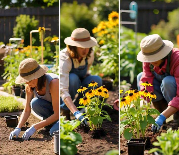 Gardener planting Rudbeckia Indian Summer plants in well-prepared soil, following spacing and watering guidelines for healthy growth.