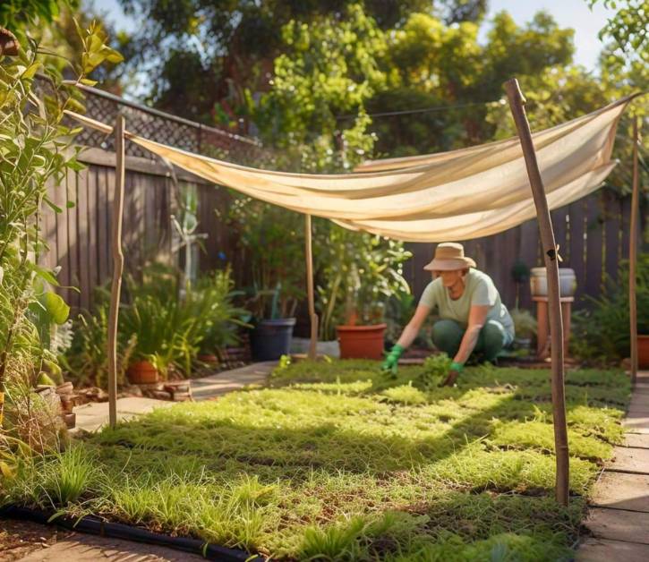 Gardener protecting grass seedlings from summer heat with temporary shade cloth in a garden, ensuring proper care and growth.