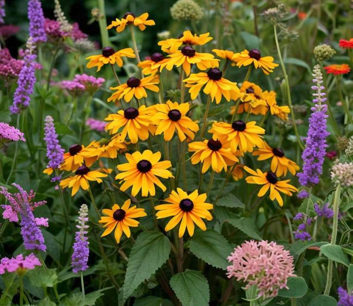 Rudbeckia Indian Summer attracts bees and butterflies, making it ideal for pollinator gardens when paired with lavender and butterfly bush.