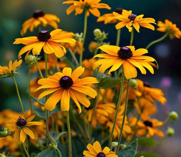 Bright yellow Rudbeckia Indian Summer plants with dark brown centers blooming in a pollinator-friendly garden.