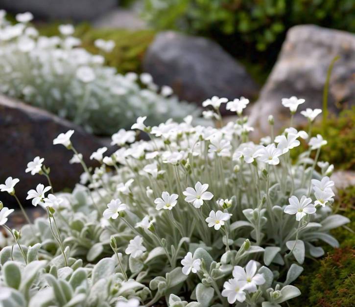 Snow in Summer plant (Cerastium tomentosum) showcasing its silver-gray foliage and small star-shaped white flowers in a rocky garden.