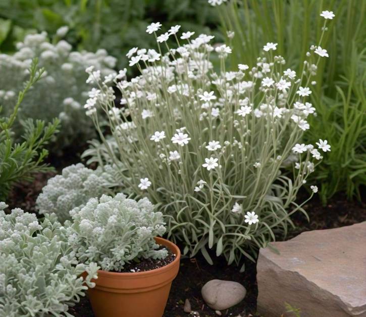 Snow in Summer plant in a pot with silver-gray leaves and white flowers, perfect for container gardening and xeriscaping.