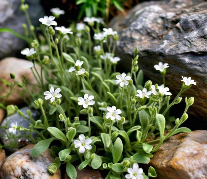 Snow in Summer plant with silver-gray leaves and small white flowers nestled among rocks, thriving in a dry rock garden setting.