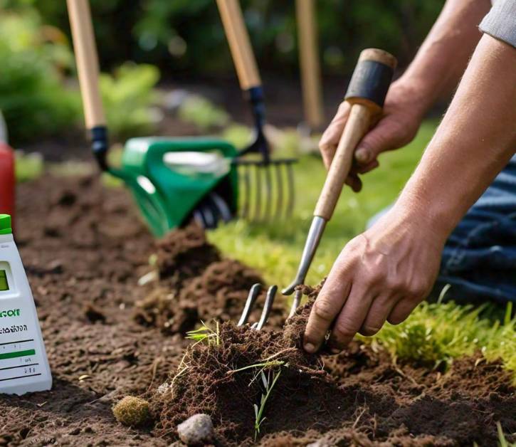 Gardener loosening soil and adding fertilizer for planting grass seed in summer, with tools visible in the background.