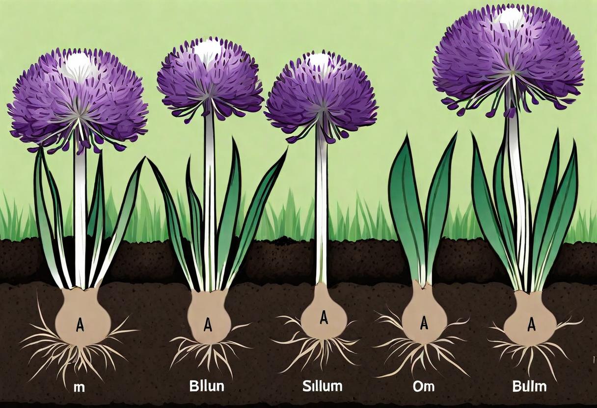 Diagram showing proper planting depth, spacing, and orientation of Summer Beauty Allium bulbs, along with soil preparation and mulching tips for optimal growth and blooming