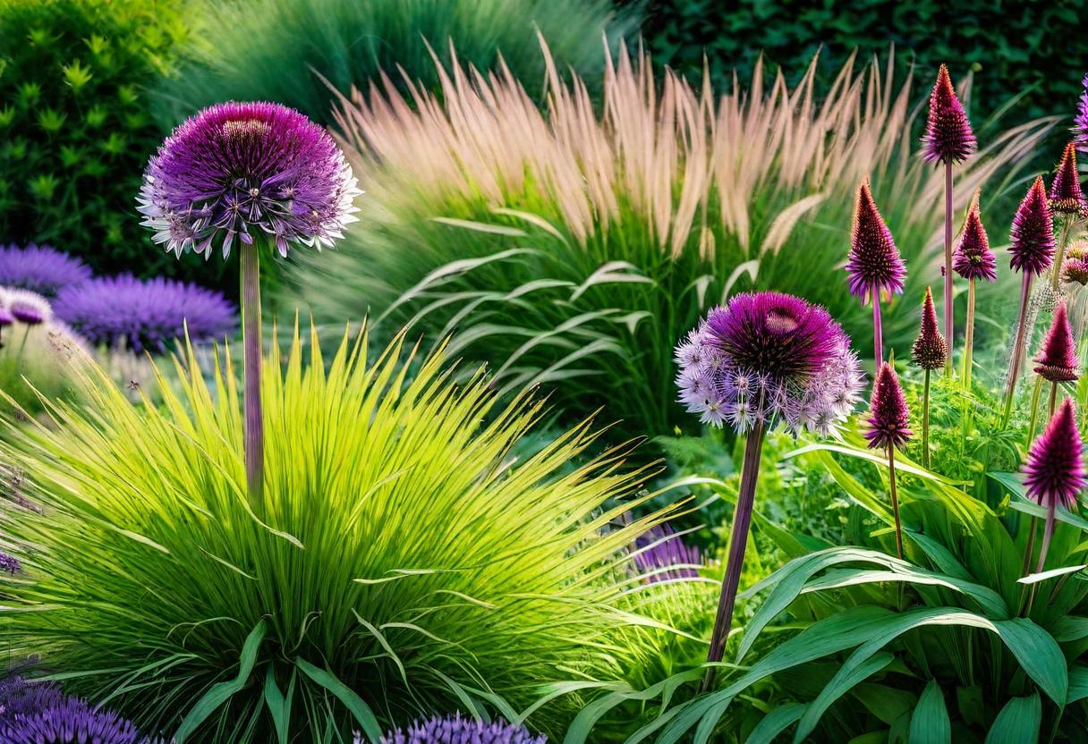 Summer Beauty Allium plant paired with Echinacea (coneflowers), Salvia, and ornamental grasses, showcasing a visually appealing garden with mixed textures and colors