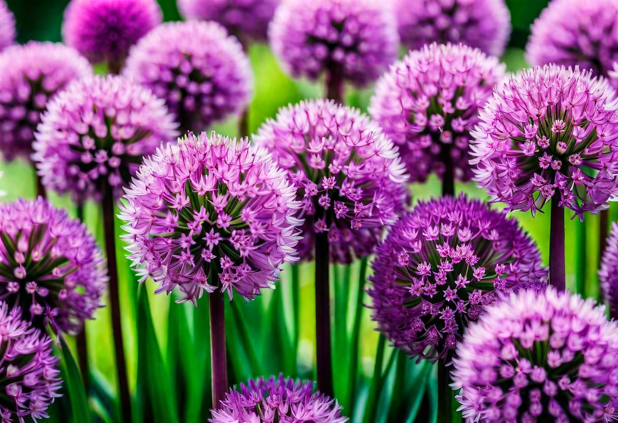 Close-up image of the globe-shaped, vibrant lilac-pink flowers of the summer beauty Allium plant, showcasing its distinctive botanical characteristics