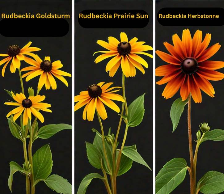 Comparison of Rudbeckia varieties: Goldsturm, Prairie Sun, and Herbstonne, showing differences in bloom size, color, and growth habits.