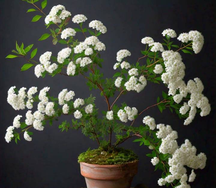 A potted Bridal Spirea plant displaying delicate white blossoms on arching branches, showcasing its ornamental beauty.