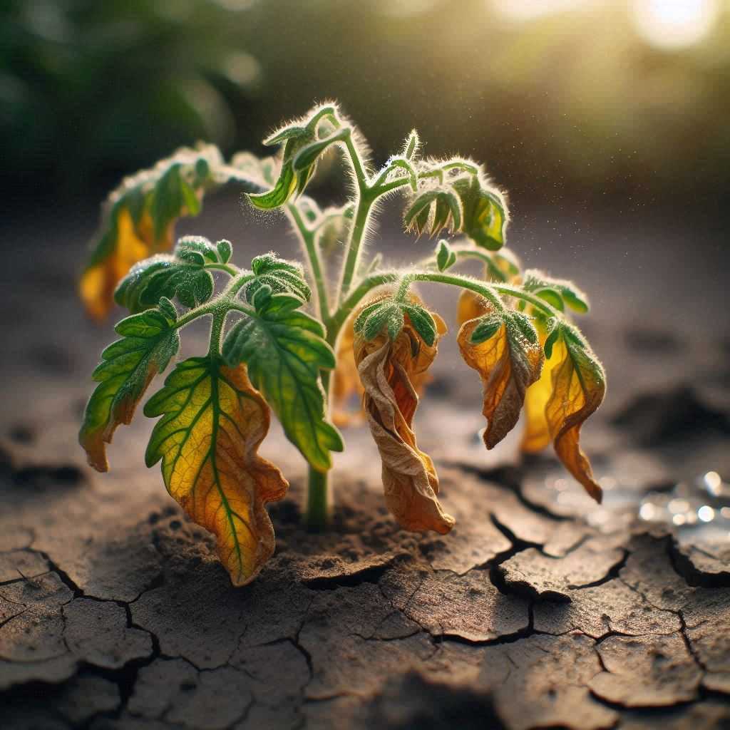 A wilting tomato plant with yellowing leaves, illustrating causes of wilting like transplant shock, pests, or water stress