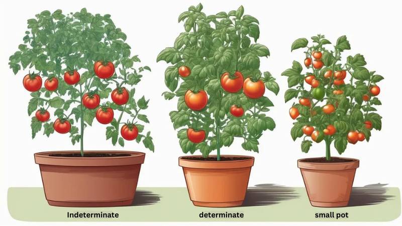 Comparison of determinate and indeterminate tomato plants growing in different-sized pots, showcasing the ideal what size pot for a tomato plant.