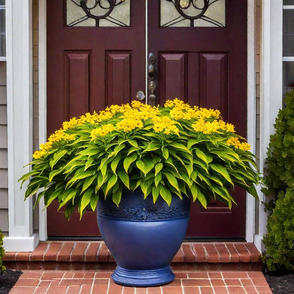 Bright yellow Esperanza plant in a decorative blue pot placed near a welcoming front door, creating a stunning entryway accent