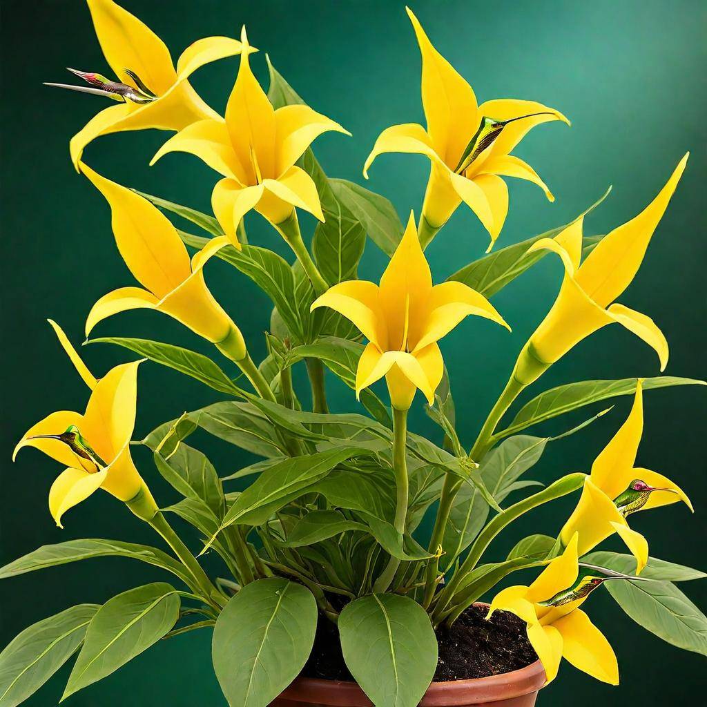 Esperanza plant in a pot with bright yellow, trumpet-shaped flowers and glossy, toothed leaves, attracting hummingbirds