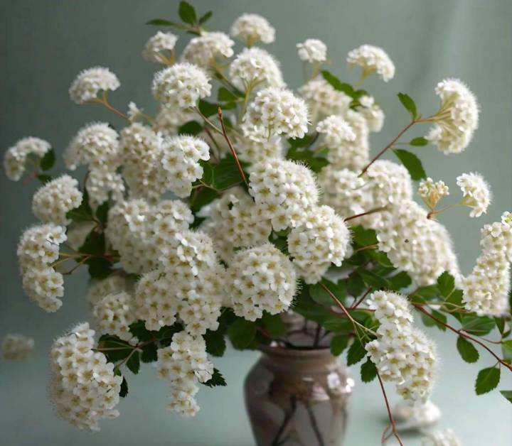 Indoor Bridal Spirea plant in a vase showcasing its delicate, white, clustered blooms, perfect for seasonal care tips.