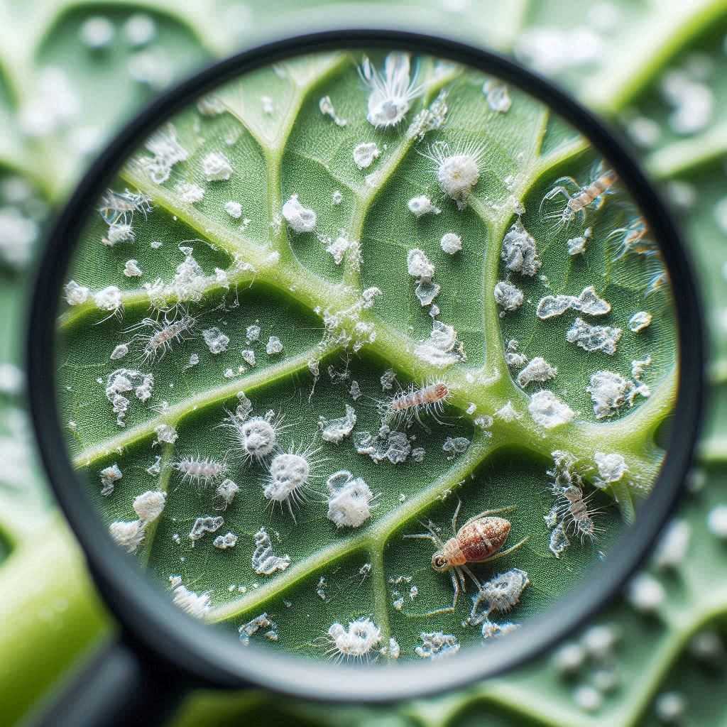 Close-up of a plant leaf under a magnifying glass, revealing an insect infestation with white spots, a common cause of white spots on pot plants