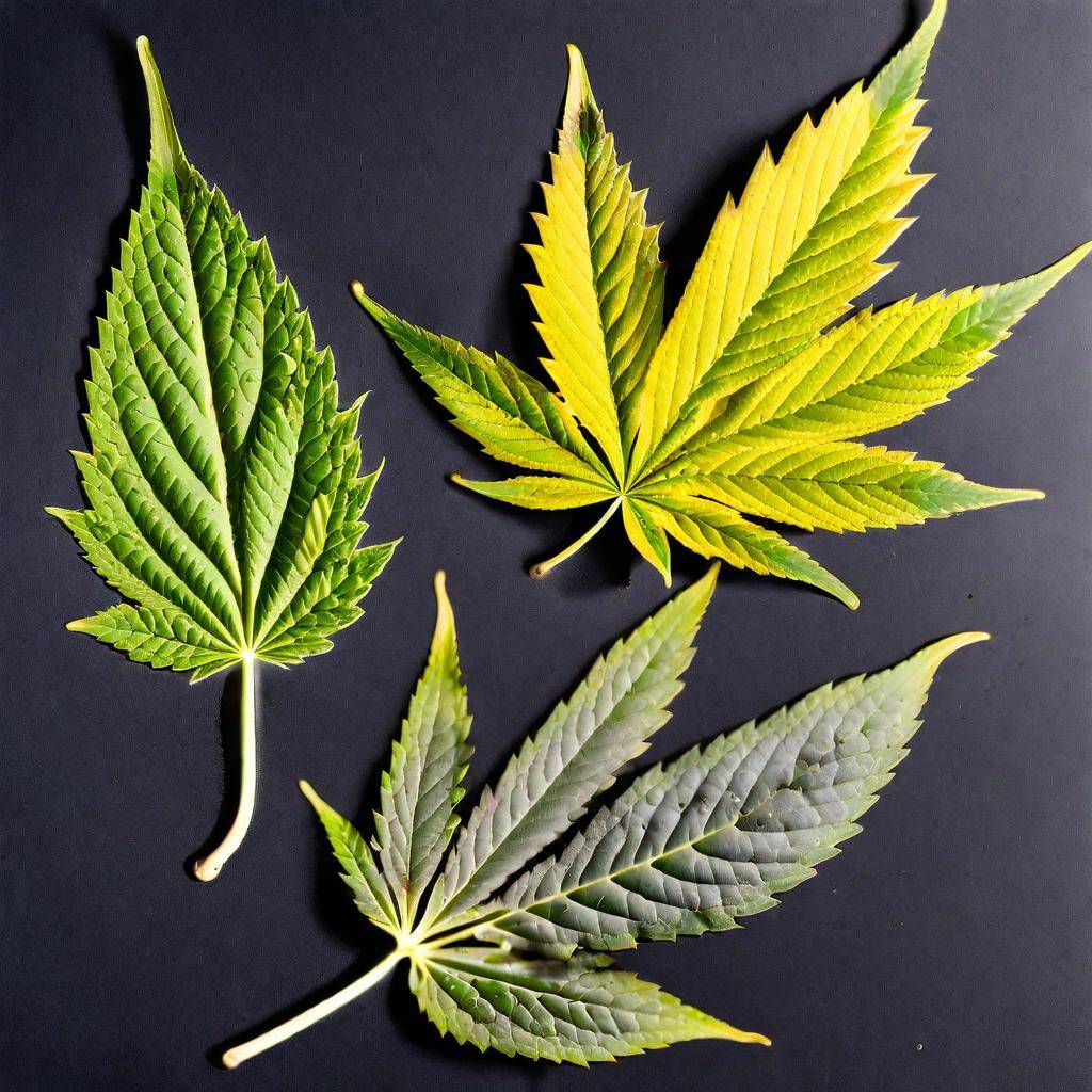 Three cannabis leaves with varying degrees of yellowing due to nutrient deficiencies, highlighting issues like nitrogen and potassium deficiencies in pot plants.