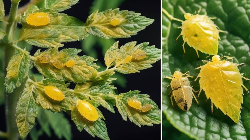 Yellow leaves on cannabis plants infested with aphids and other pests, illustrating how pests and diseases can cause significant damage.