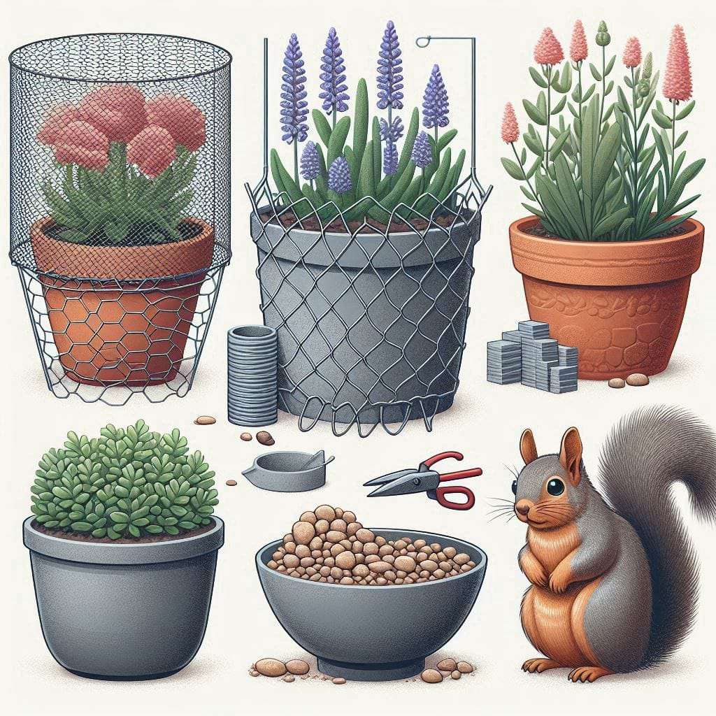 Illustration of physical barriers to keep squirrels out of potted plants, including chicken wire, mulch, rocks, and sharp objects