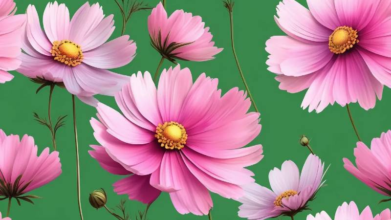 Pink Cosmos flower against a vibrant green background, ideal for adding color to garden borders,and wildflower gardens displays