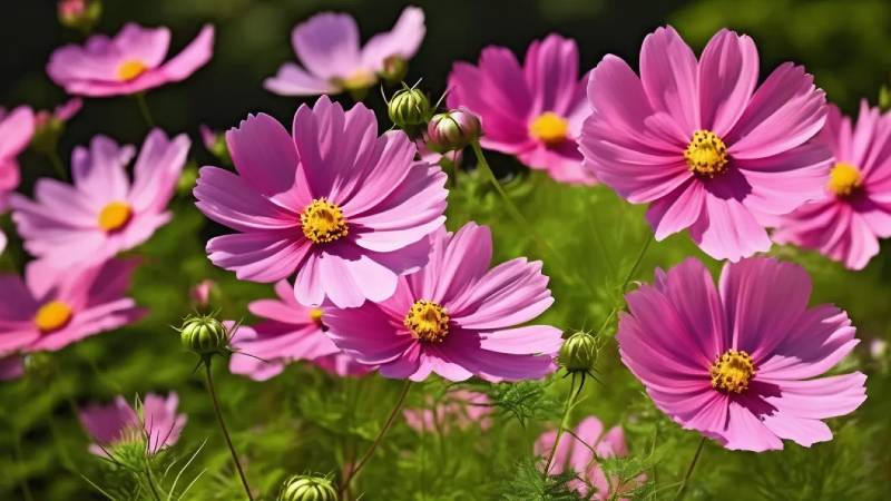 Pink Cosmos flowers in full bloom, displaying vibrant pink petals and yellow centers, ideal for garden care and maintenance tips