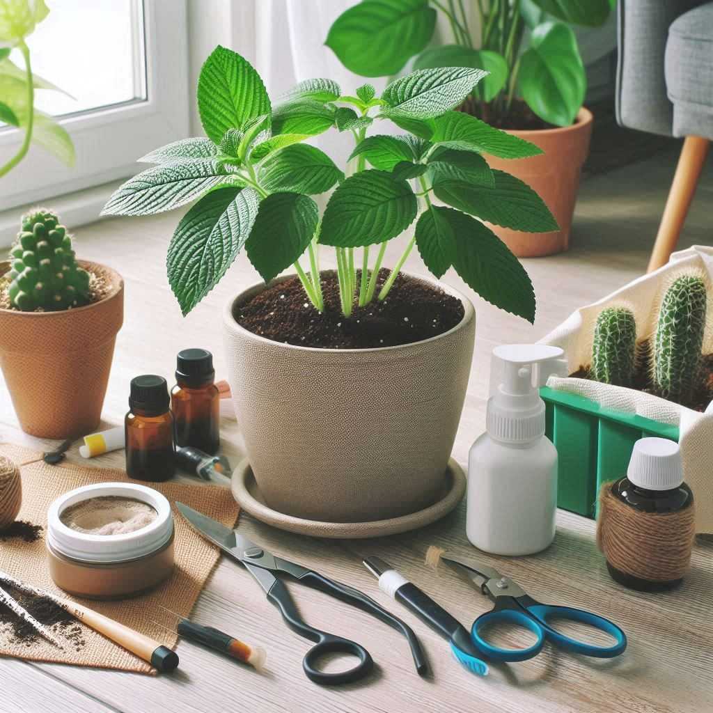 Pot plant with gardening tools and organic treatments, illustrating prevention strategies for controlling white spots on pot plants