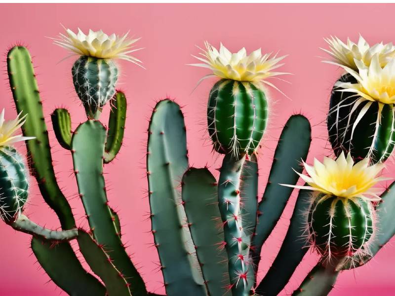 Peruvian Apple Cactus plant with cream-colored flowers, highlighting their vibrant green cylindrical stems and needle-like spines against a pink background