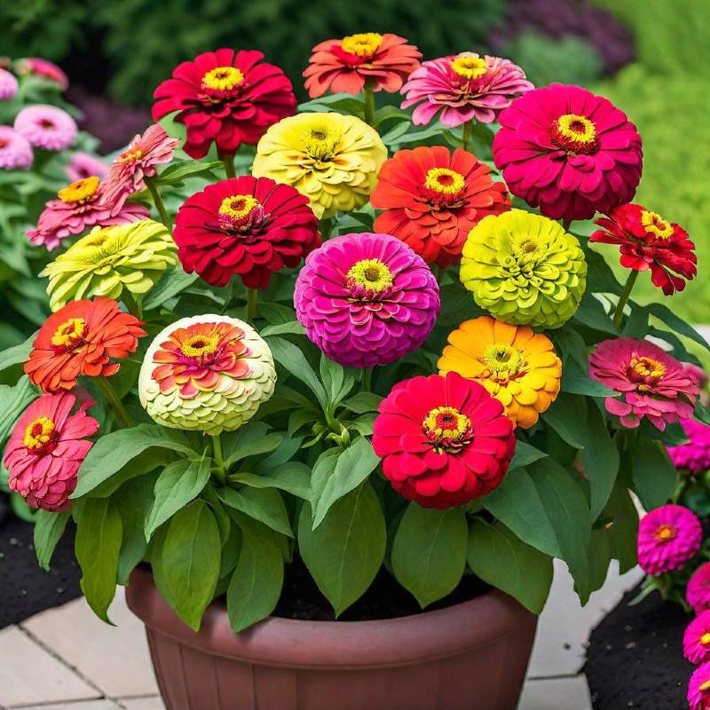 Display of Queen Red Lime Zinnia plant showcasing multicolored blooms in shades of red, orange, and pink, highlighting their beauty in the garden