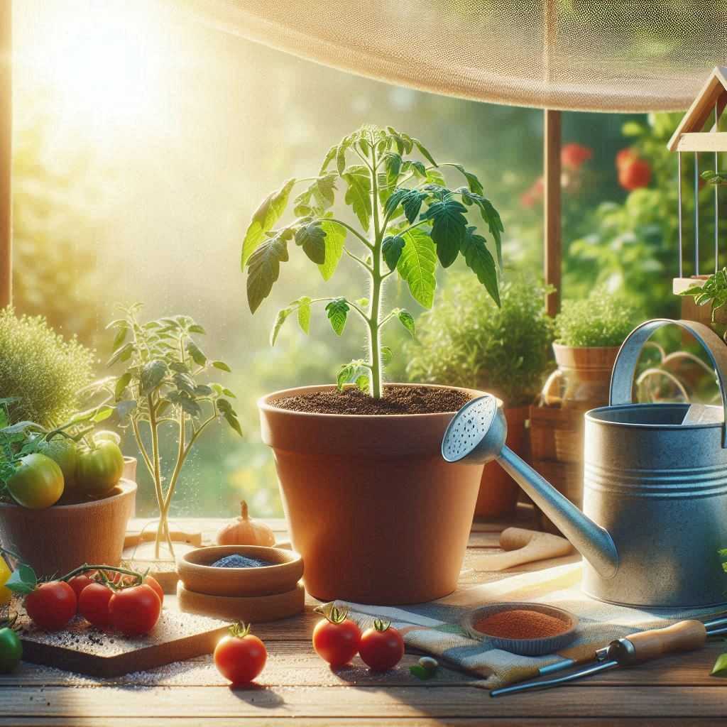 Healthy tomato plant in a pot with a watering can on a garden table, illustrating proper care techniques to prevent wilting in tomato plants