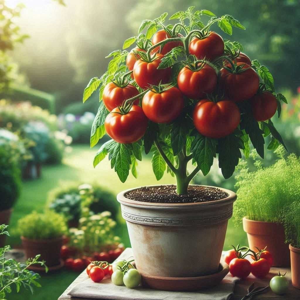 A thriving potted tomato plant with ripe red tomatoes, illustrating successful care techniques to save dying tomato plants
