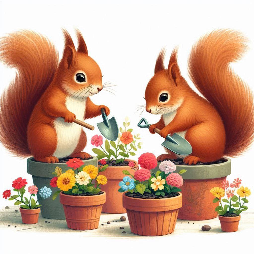 Two squirrels digging in flower pots with small shovels, surrounded by colorful flowers, representing squirrels digging in potted plants