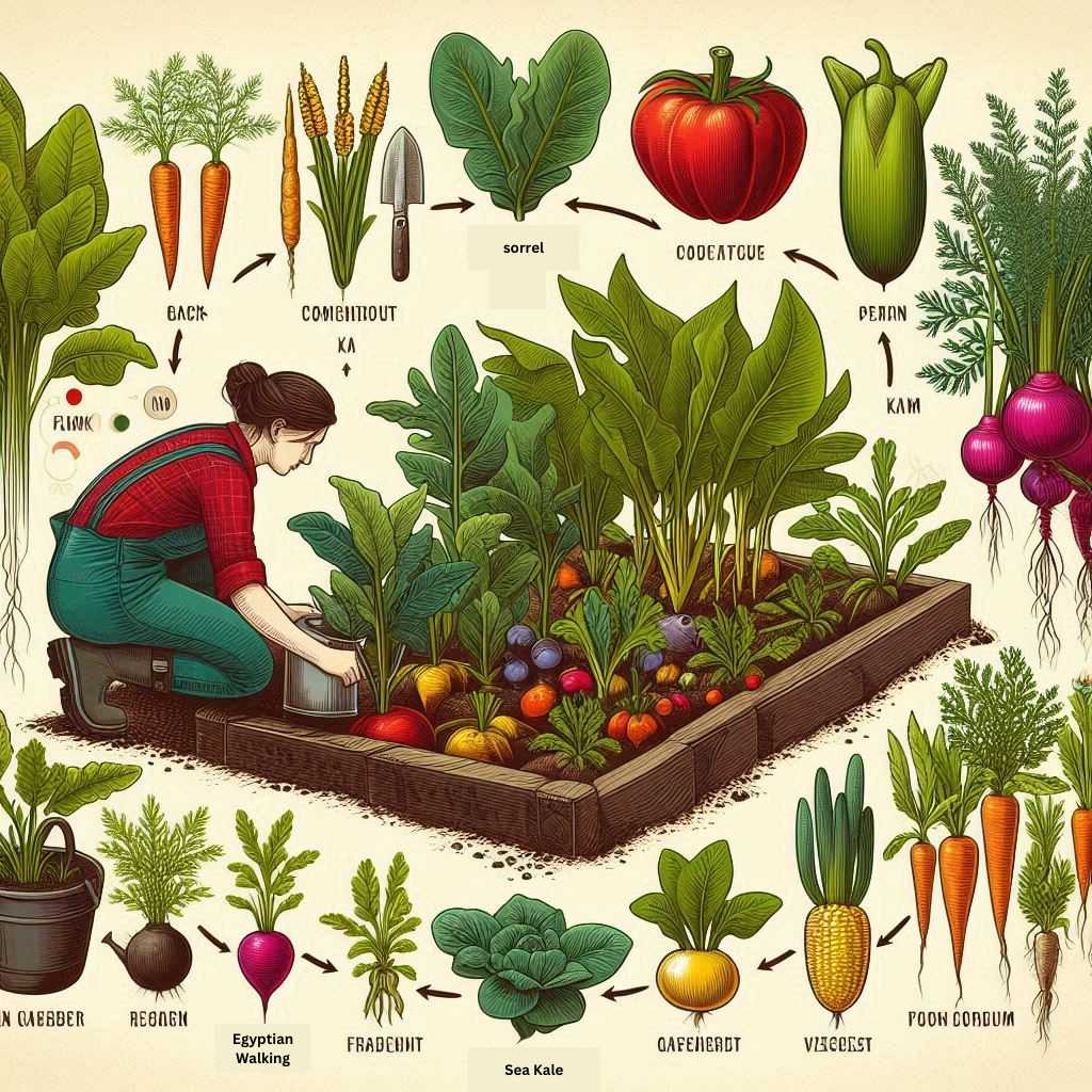 Illustrated guide showing techniques for successful perennial vegetable gardening in Zone 5, highlighting soil preparation and companion planting.