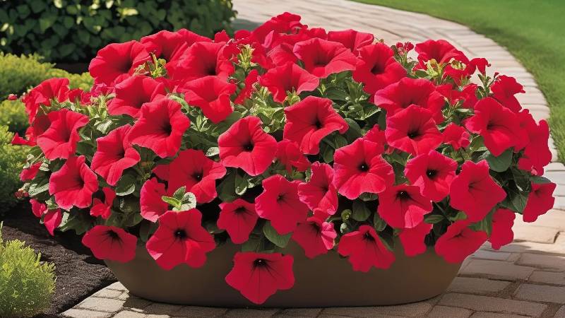 Vibrant Petunia Tidal Wave cherry in full bloom, perfect for colorful groundcovers, hanging baskets, and container gardens