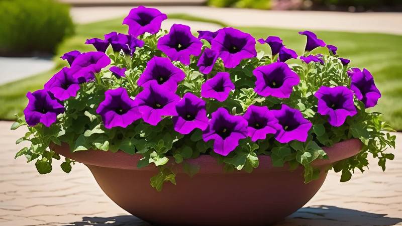 Tidal Wave petunia plants purple cascading over a large container, displaying deep purple flowers ideal for groundcover or hanging baskets