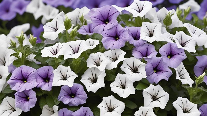 Delicate Petunia Tidal Wave silver blooms, ideal for creating soft, serene garden spaces and contrasting with vibrant flowers