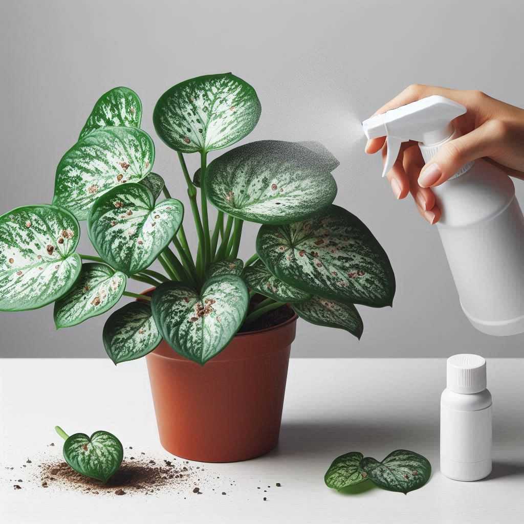 Treating white spots on pot plants with a spray bottle, showing chemical and organic remedies to combat infections effectively