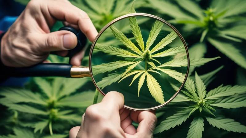 A person closely examines cannabis leaves with a magnifying glass to detect early signs of yellow leaves on pot plants for prevention.