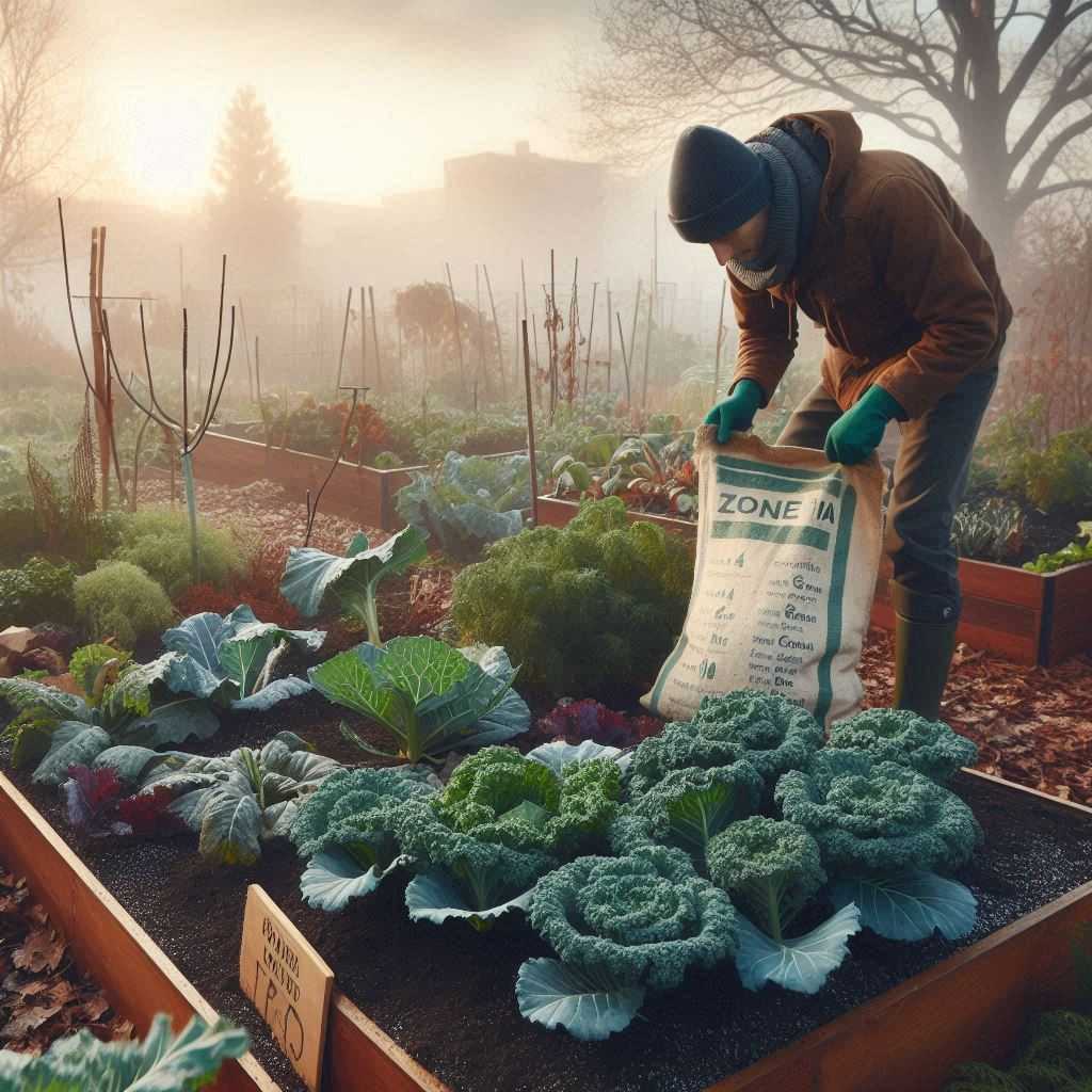 Gardener preparing a raised bed for winter crops in Zone 10a with leafy greens like kale, showcasing seasonal fruits and vegetables