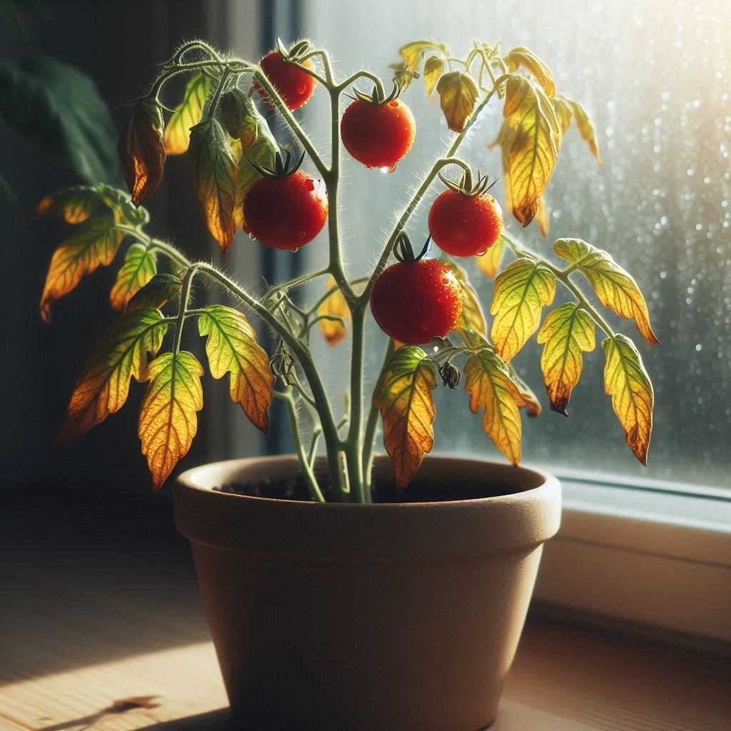 Wilting tomato plant in a pot with drooping leaves and ripe tomatoes by a sunny window, highlighting symptoms of wilting in potted tomatoes