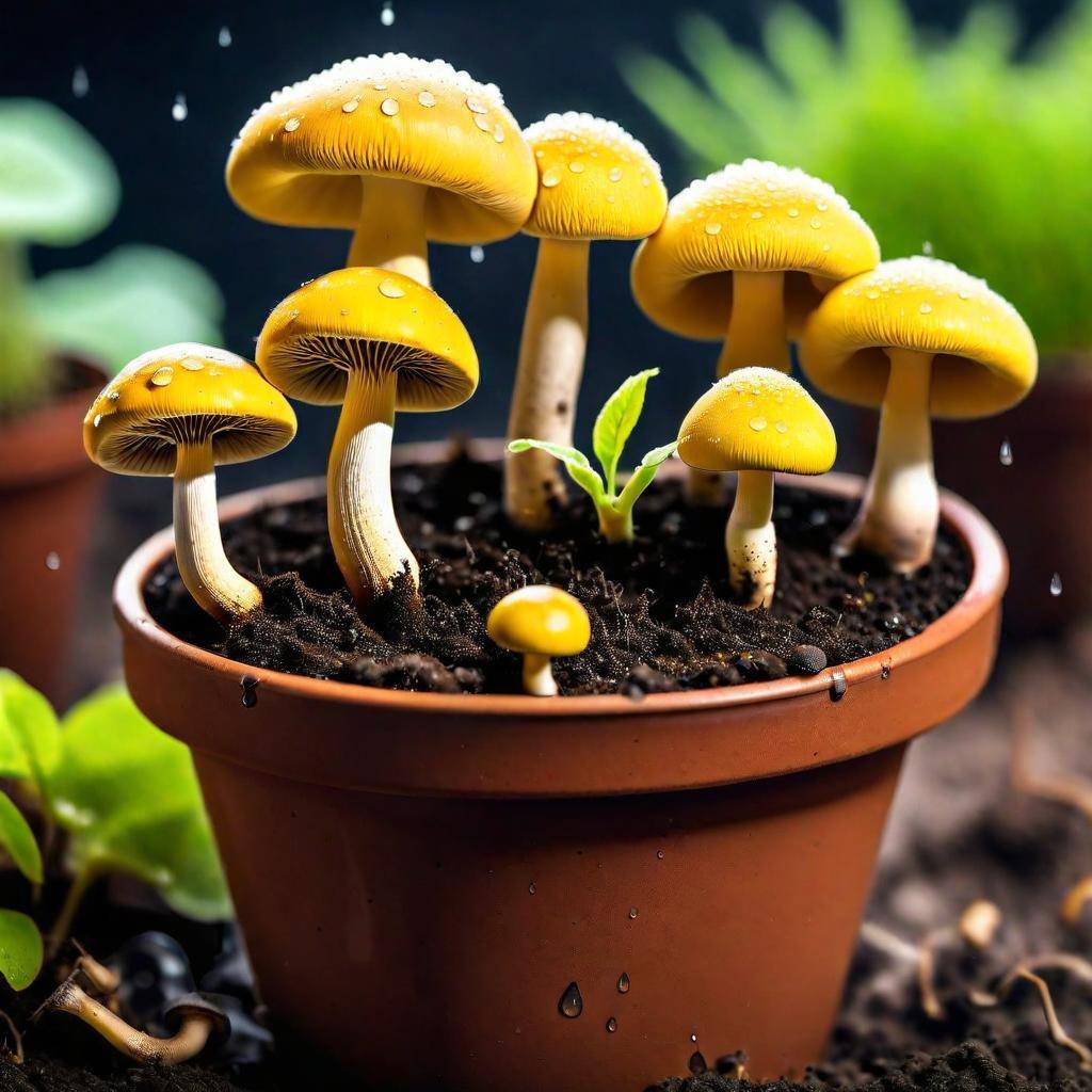 Yellow mushroom species in a potted plant, showing the effect of organic-rich soil and warm temperatures on yellow fungus growth