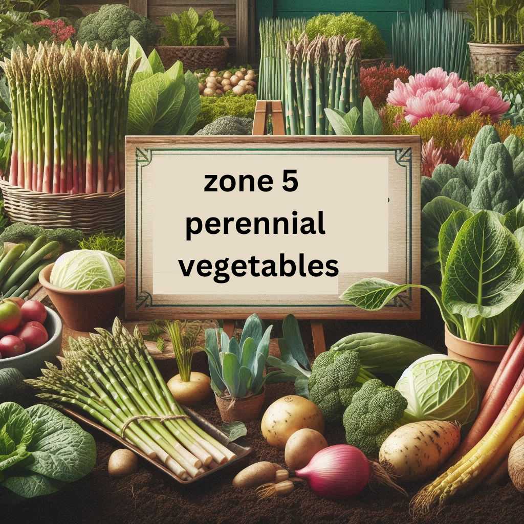 A variety of Zone 5 perennial vegetables, including asparagus, rhubarb, and kale, arranged around a sign that reads "Zone 5 Perennial Vegetables.